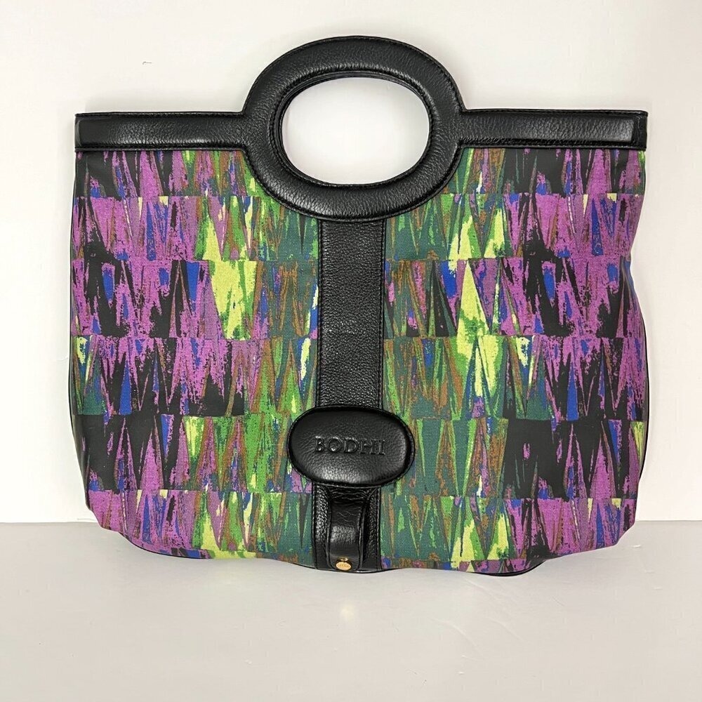 VTG Bodhi Geometric‎ Print Leather Trim Cutout Handle Large Tote Bag BBW00012275